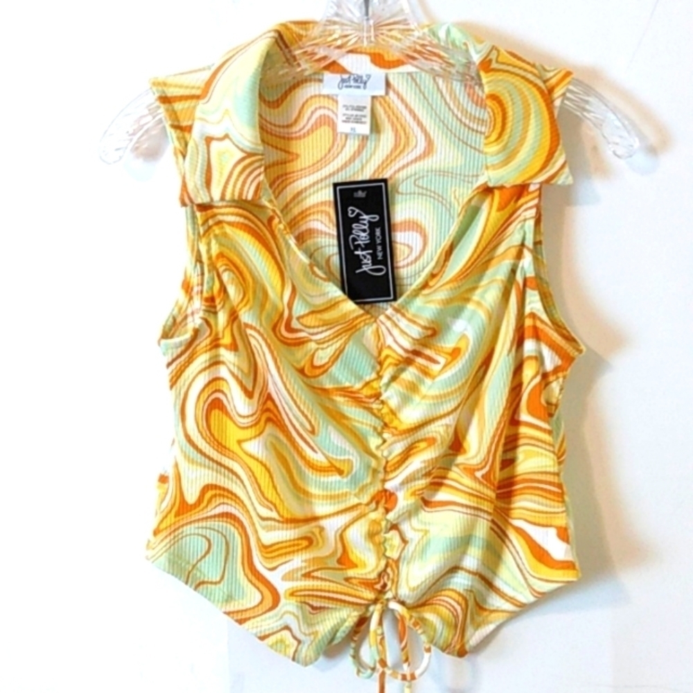JUST POLLY JUNIORS RETRO SWIRL V-NECK SLEEVELESS RUCHED FRONT TOP SIZE XL NWT